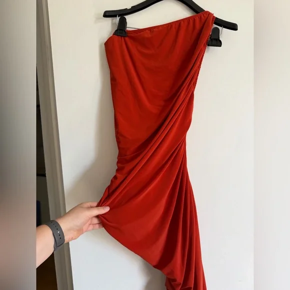 Norma Kamali Red/Orange Cinnamon Diana Gown Midi One Shoulder Dress size S/36 - Picture 8 of 9